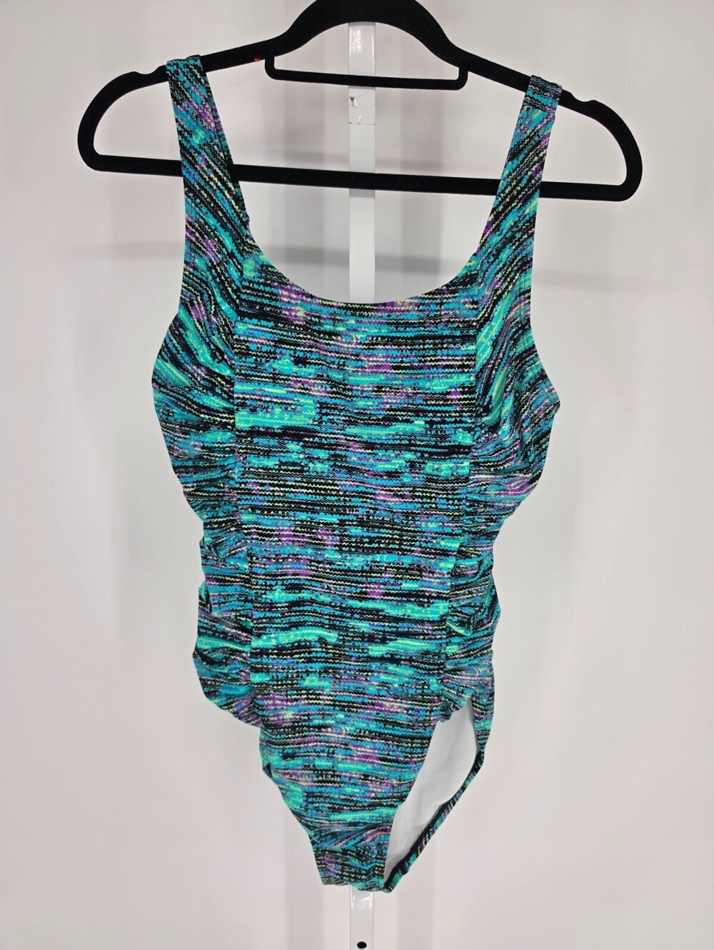 Speedo Womens Sz 12 One Piece Swimsuit Abstract Print Black Blue Neon